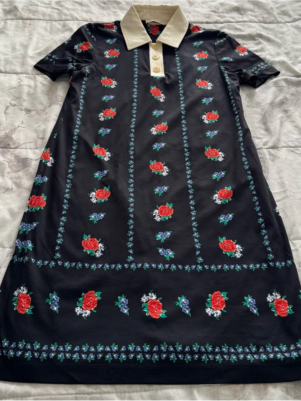 Tory Burch Black Floral Polo lined Dress with Cream Collar, size XS luxury boho